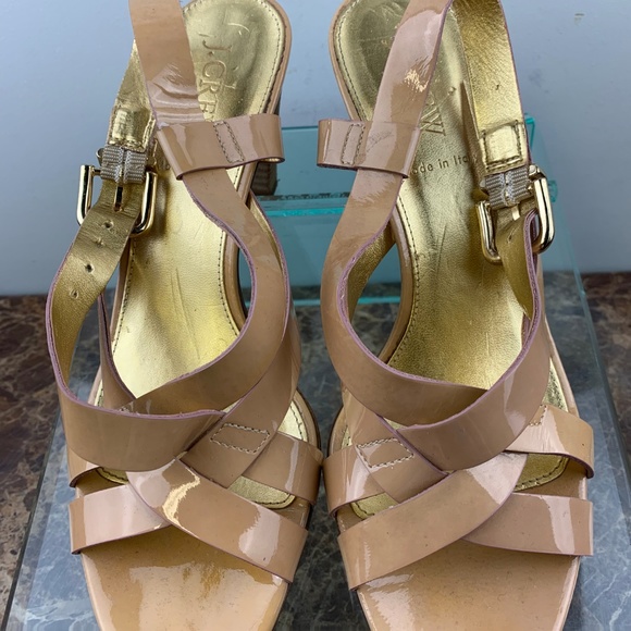 J Crew Italy Beige Patent Slingback Wedge Heels 7 - Picture 3 of 8